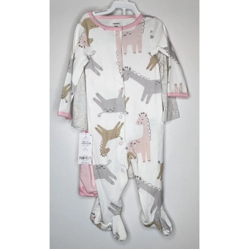 Carter's 3 piece Sleep & Play & Pant Set 9 Months Giraffe pink, white, grey